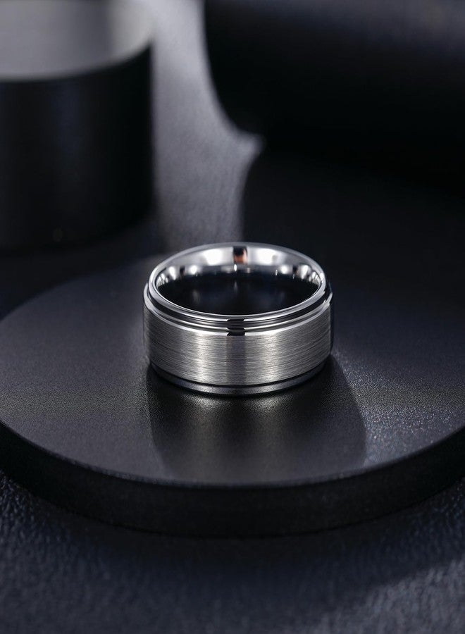 Greenpod 8mm Tungsten Carbide Ring for Men Silver Matte Finish Center Stepped Edges Wedding Band Comfort Fit Size 10 - Image 2